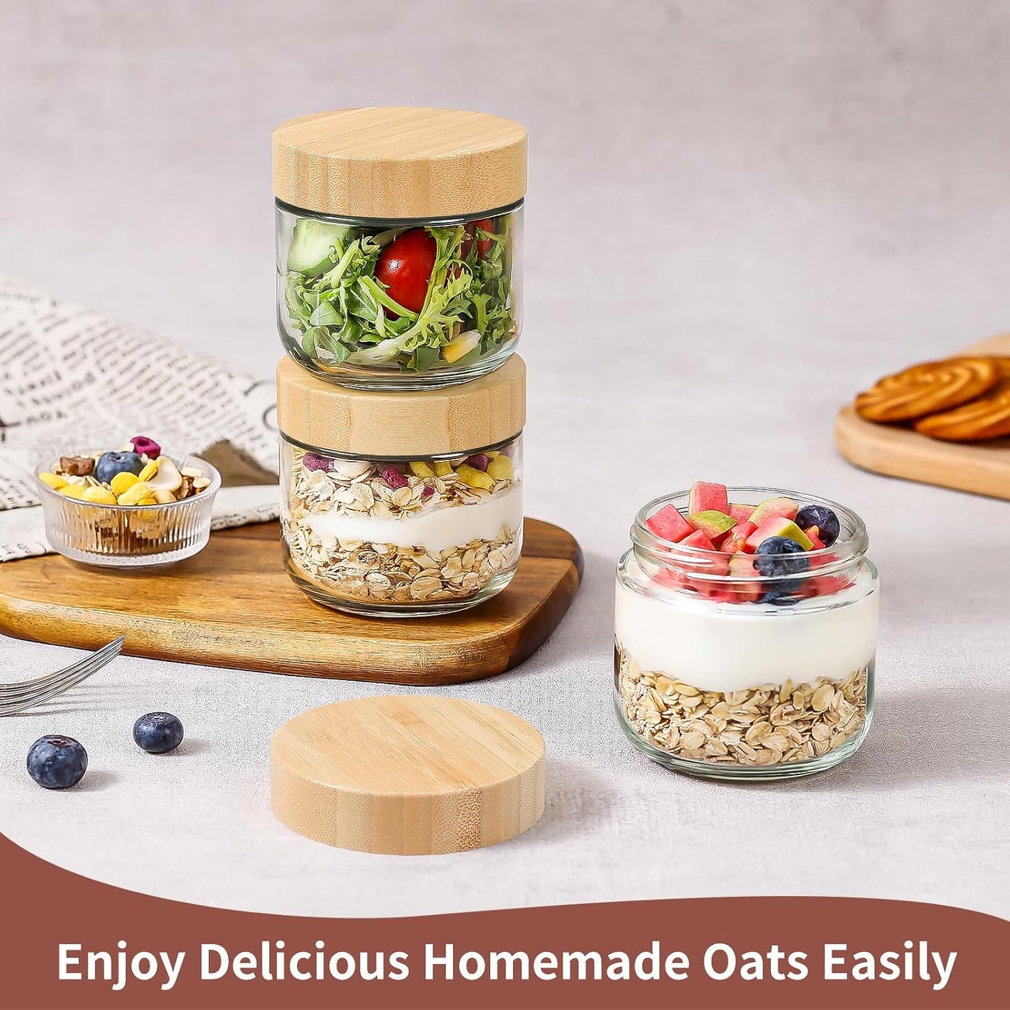 DRKIO 10 Oz Overnight Oats Containers with Bamboo Lids - 4 Pack Glass Storage Jars with Airtight Lids Wide Mouth Mason Food Jars Great for Meal Prep Salad Chia Pudding Snacks Yogurt Sugar Spice