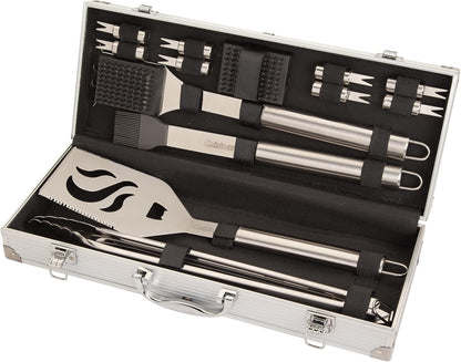 Cuisinart 14-Piece Deluxe Stainless Steel Grill Set, Grilling Accessories Kit with Spatula, Tongs, Corn Holders, Basting Brush, Cleaning Brush & Aluminum Carry Case, BBQ Tools for Outdoor Grill