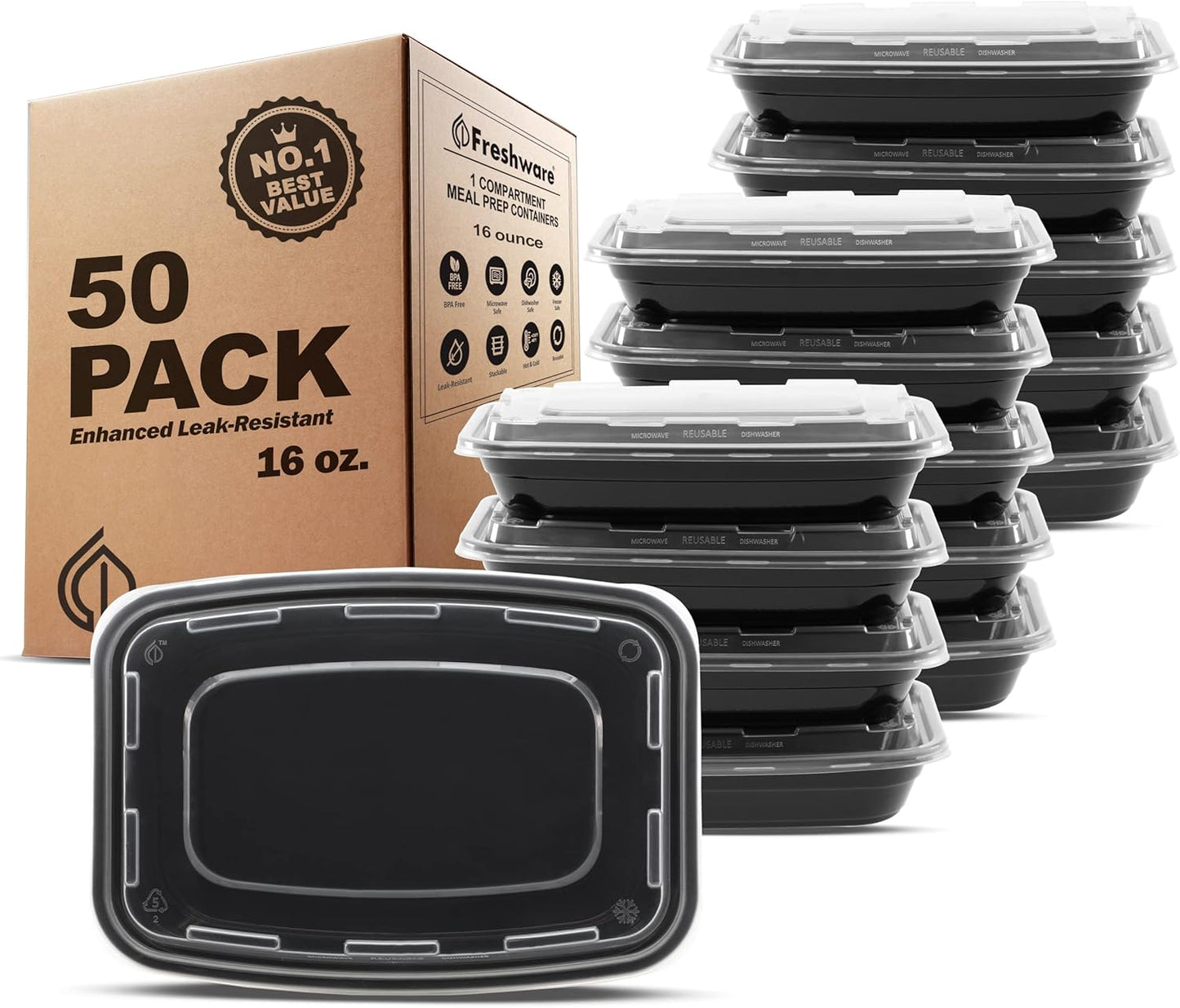 Freshware Meal Prep Containers [50 Pack] 1 Compartment with Lids, Food Storage Containers, Bento Box, BPA Free, Stackable, Microwave/Dishwasher/Freezer Safe (28 oz)