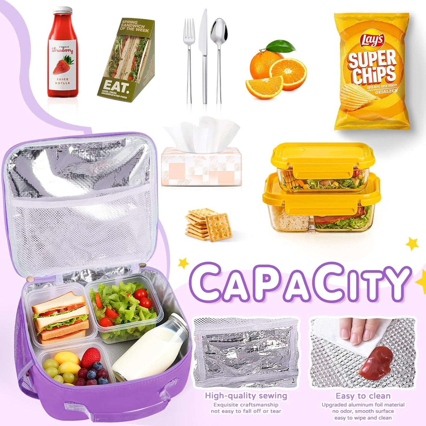 Nsrzua Lunch Bag Kids-Kids Insulated Lunch Bag with Adjustable Strap - Reusable Leakproof Lunch Box for Girls, Preppy School Lunch Tote for Travel, Picnic,School & Winter Camp