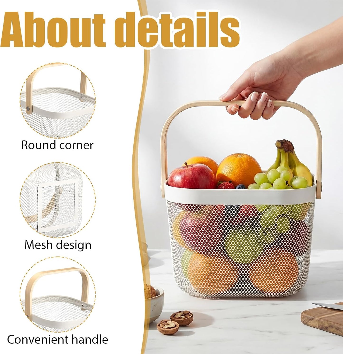 Maxdot 4 Pack Metal Mesh Basket with Wooden Handle White Square Wire Storage Organizer Basket Multi-functional Hanging for Kitchen Pantry Shelves Bathroom Counter Organizer