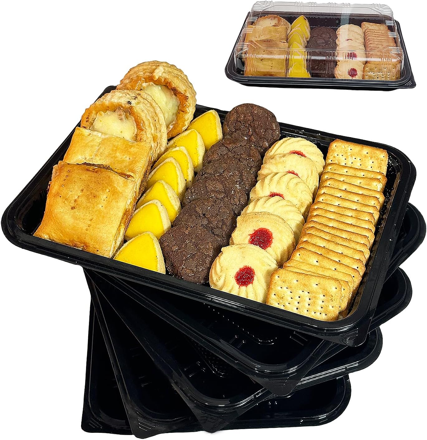 TRAYA Pack of 10 Serving Tray with lid - Reusable Catering Trays with Lids 13inch Long for Meal Prep, Cakes, Treats and Sandwiches (15.35 × 11.42 × 2.95inch)