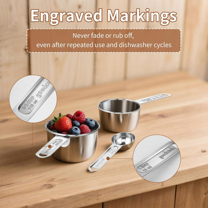 Measuring Cups and Spoons Set (8 Piece), Stainless Steel Measuring，4 Spoons, 4 Cups, Metal Measuring Cups for Cooking & Baking