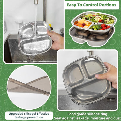 4 Pack Food Storage Containers Plates,Stainless Steel with lids containers,Portion Control Plate, Metal Lunch Tray Dishes,For Meal Prep,Fruit,Snack