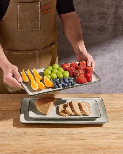 Famiware Serving Platter, Rectangular 15.67/14.1/12.6inch Serving Dishes for Entertaining, Microwave Dishwasher Safe, Stoneware Serving Trays for Party, Turkey, Cheese, Ocean Series, Cappuccino White