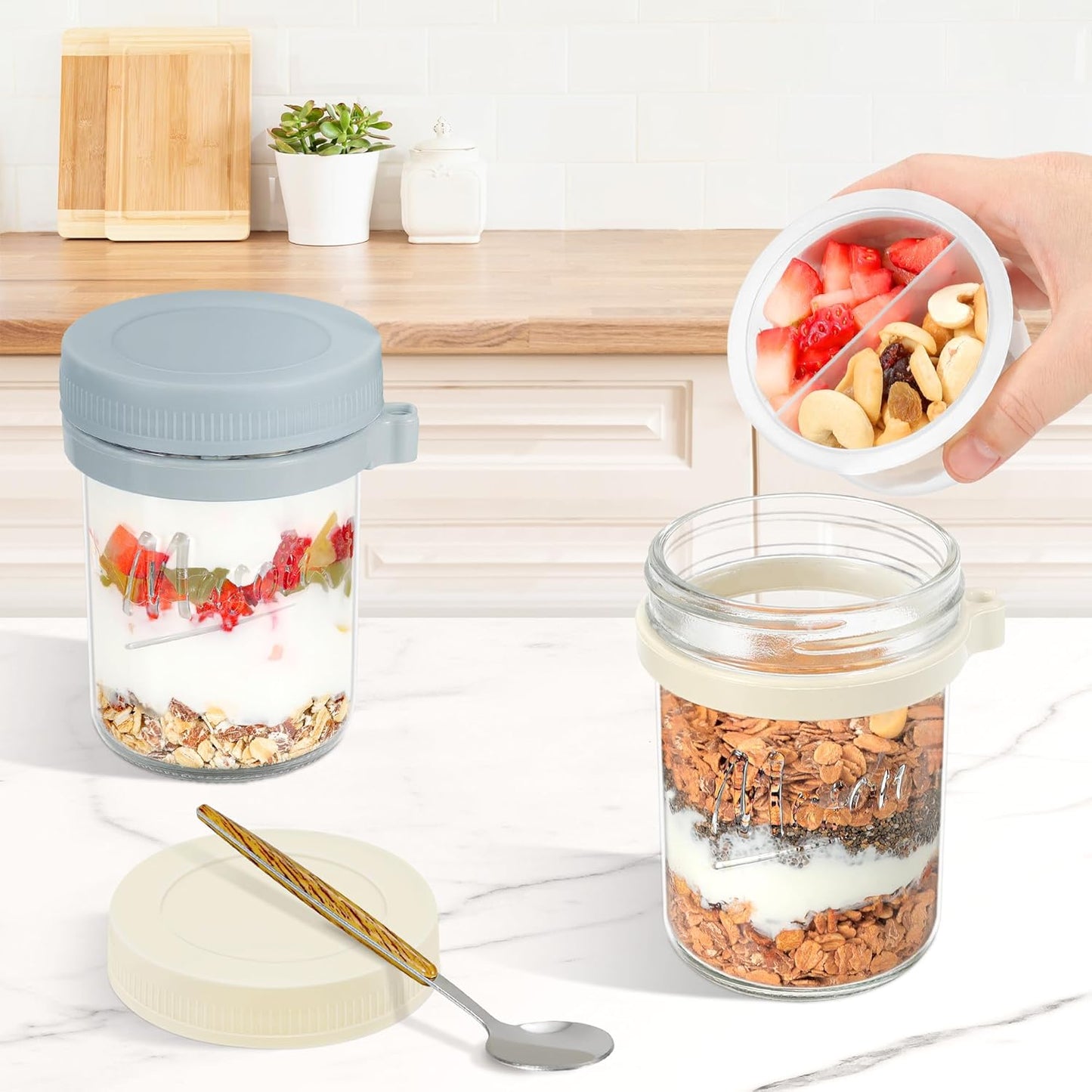 Xyptorix 6 Pack Overnight Oats Containers with Lids and Spoons, 16 oz Mason Jars with Removable Separate Compartments, Airtight and Leak-Proof Glass Jars for Chia Pudding, Yogurt, and Oatmeal