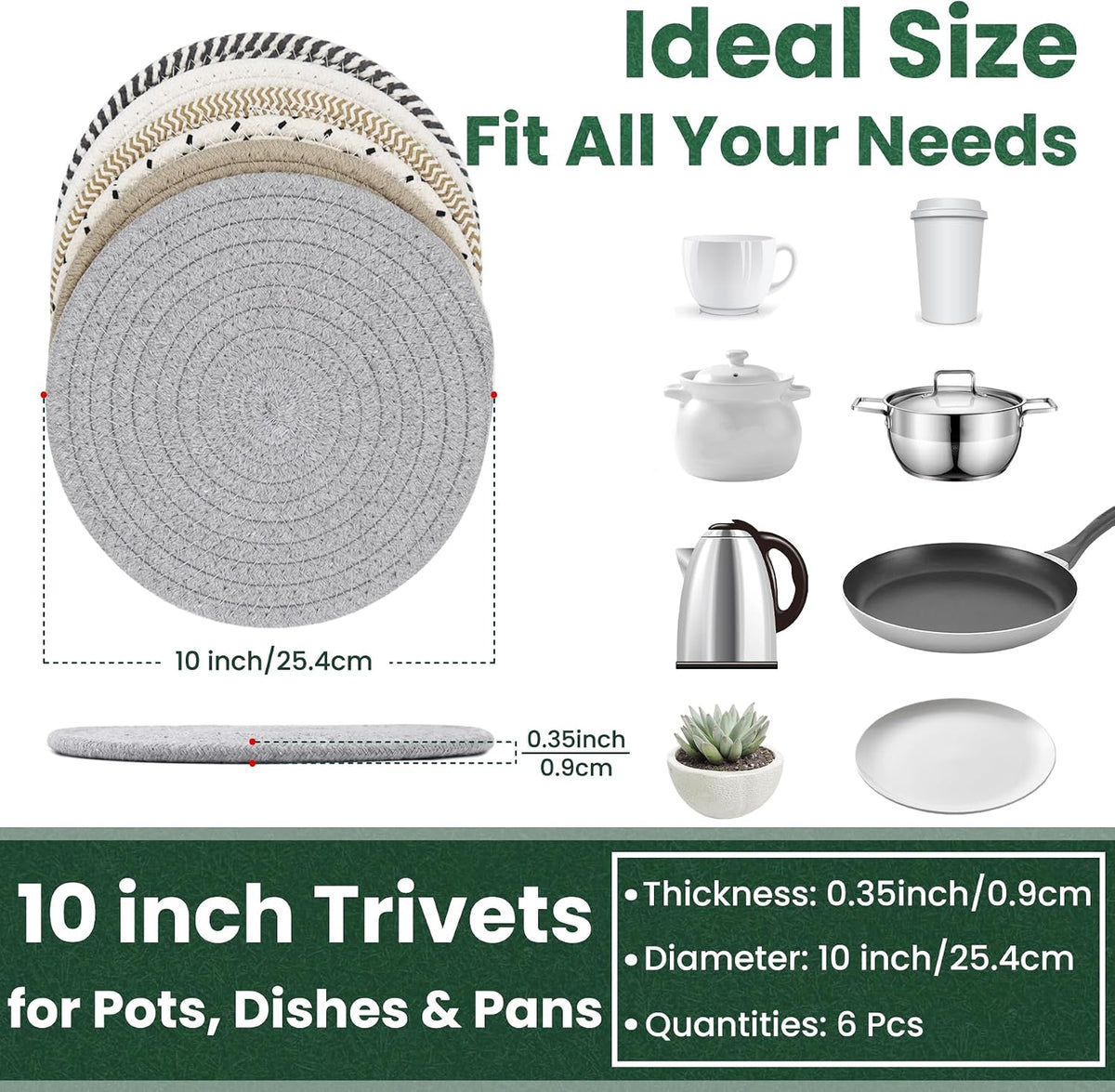 10 Inch Trivets for Hot Dishes, Hot Pots and Pans, 5 Pcs