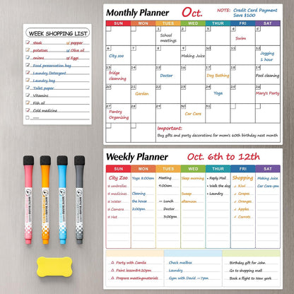 Dry Erase Magnetic Calendar for Refrigerator, 3 Pack- Monthly & Weekly & Daily Planner Magnet Whiteboard for Fridge Wall Door - Shopping, Meal/Menu, to Do List, Family Schedule Planning Board (C)