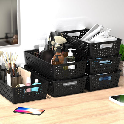 Simple Houseware Stackable Plastic Woven Basket Organizer, 6 Pack, White | 14.5" D x 8.5" W x 3.5" H