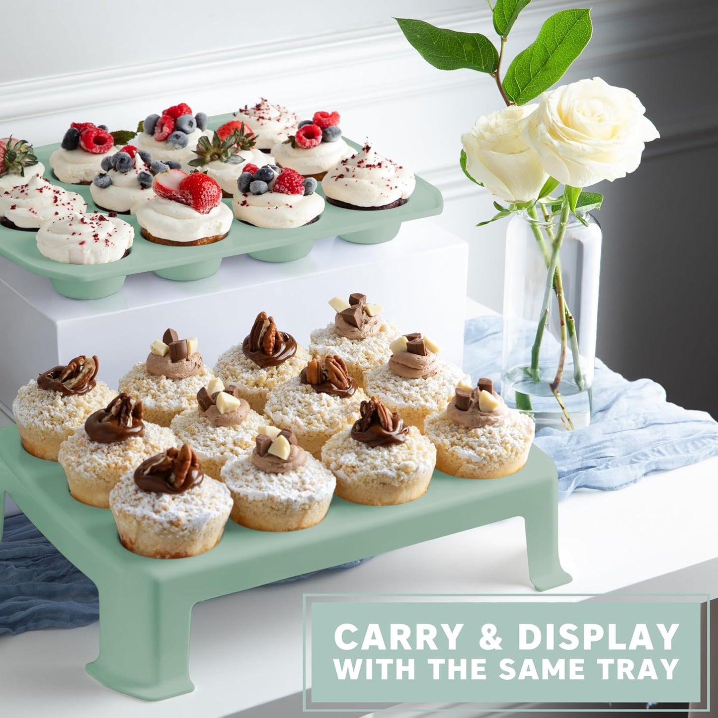 EXTRA TALL DOME 24 Cupcake Carrier, Green Cupcake Holder Carries 24 Cupcake Storage Container, Muffin Traveler Two Tier Stand Reusable Cupcake Box