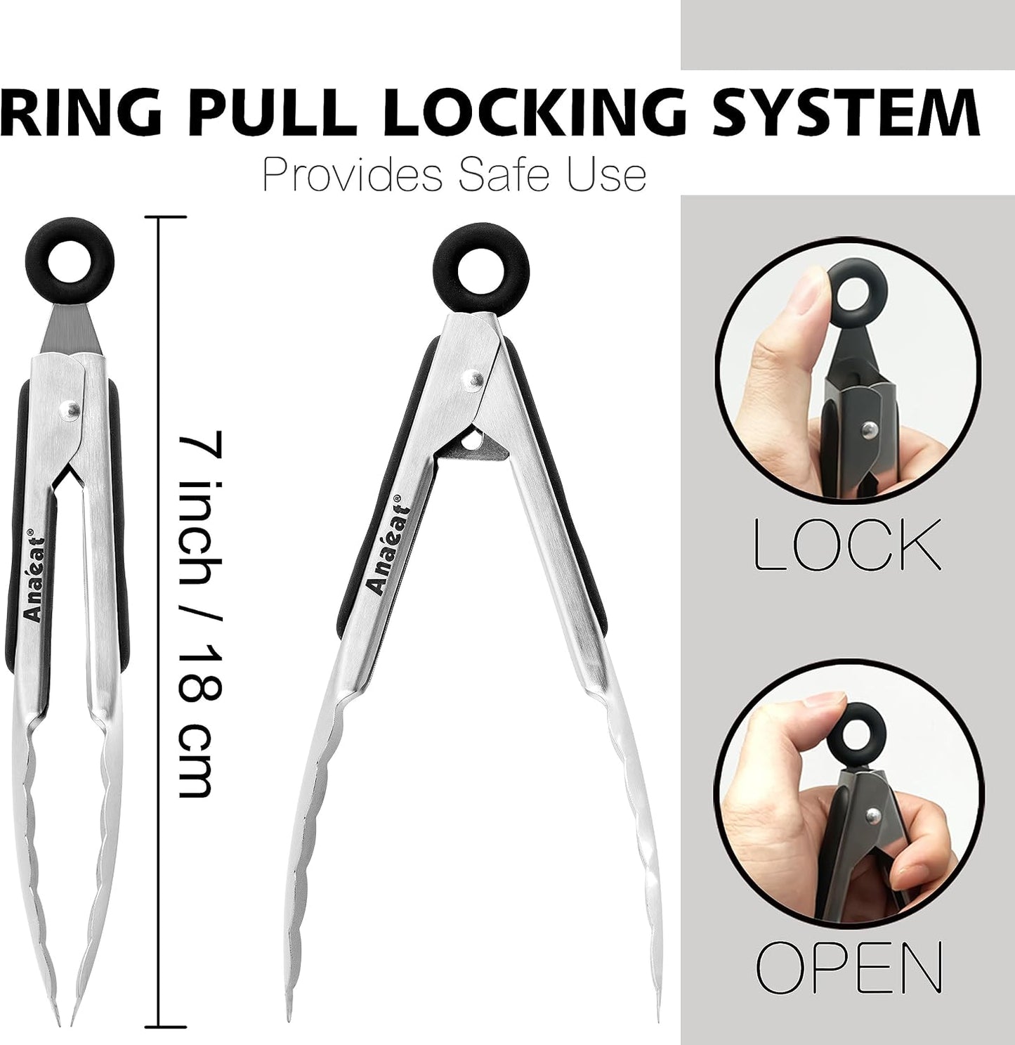Anaeat Premium Kitchen Locking Tong Set of 3 - Heavy Duty Stainless Steel Food Tongs with Long Handle & Non-Slip Silicone Grip for Cooking, Baking, Grilling - Heat Resistant up to 480°F