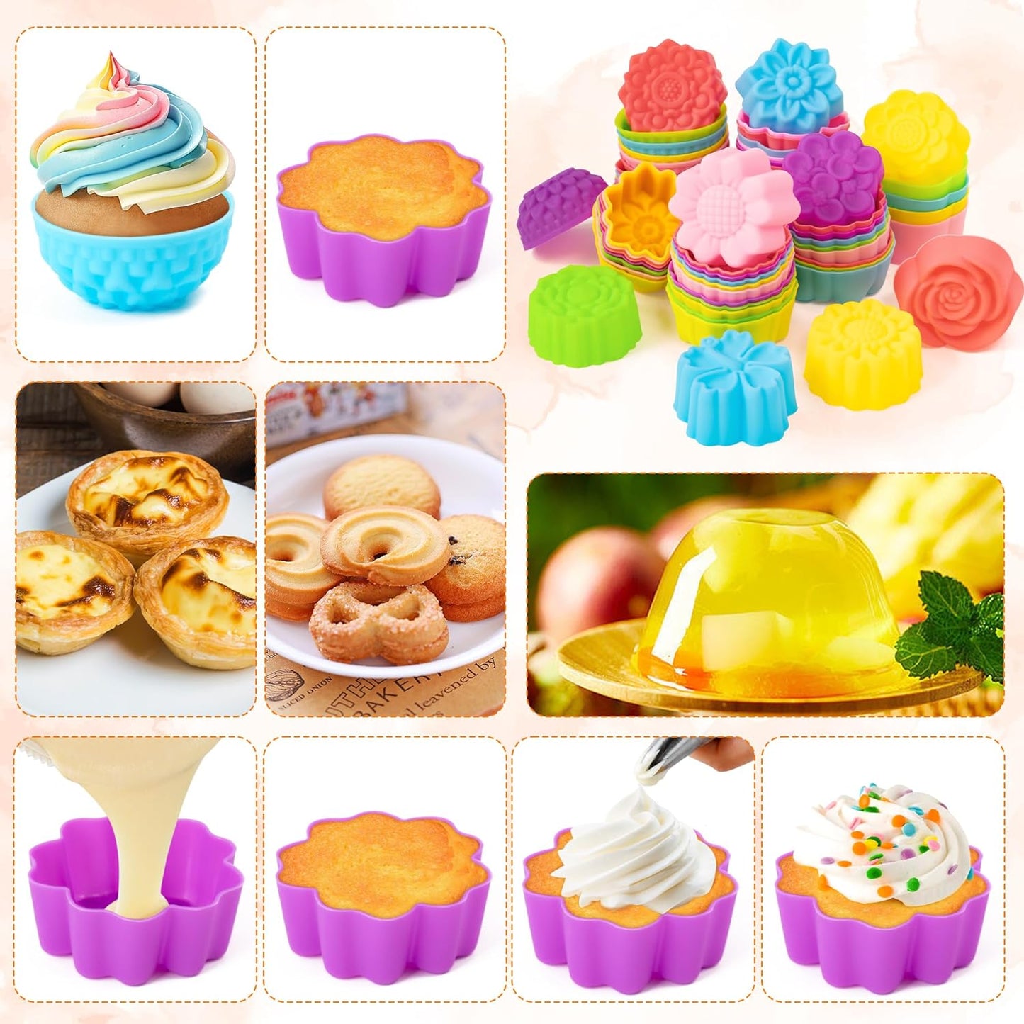 R HORSE Mini Silicone Cupcake Liners Molds - 60Pcs 2 Inch Muticolor Floral Shaped Baking Cups, Reusable Non-Stick Cupcake Wrappers Muffin Baking Liners for Oven Microwave Dishwasher Safe