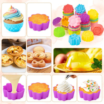 R HORSE Mini Silicone Cupcake Liners Molds - 60Pcs 2 Inch Muticolor Floral Shaped Baking Cups, Reusable Non-Stick Cupcake Wrappers Muffin Baking Liners for Oven Microwave Dishwasher Safe