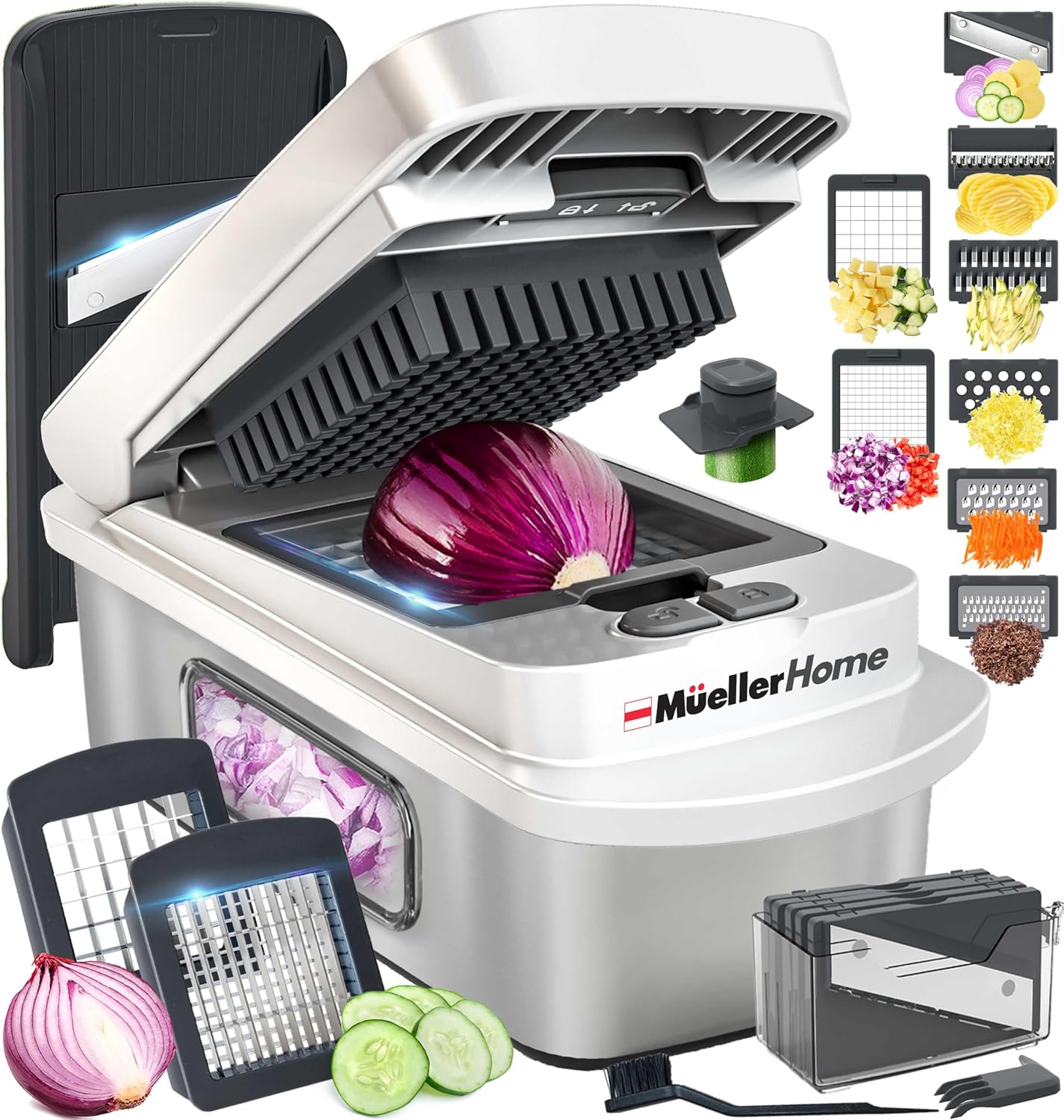 MUELLER HOME Pro-Series 10-in-1, 8 Blade Stainless Steel Multi Vegetable Chopper And Mandoline Slicer, Kitchen Tools and Gadgets, Food and Veggie Chopper, Mincer, Dicer, French Fry Cutter, Black