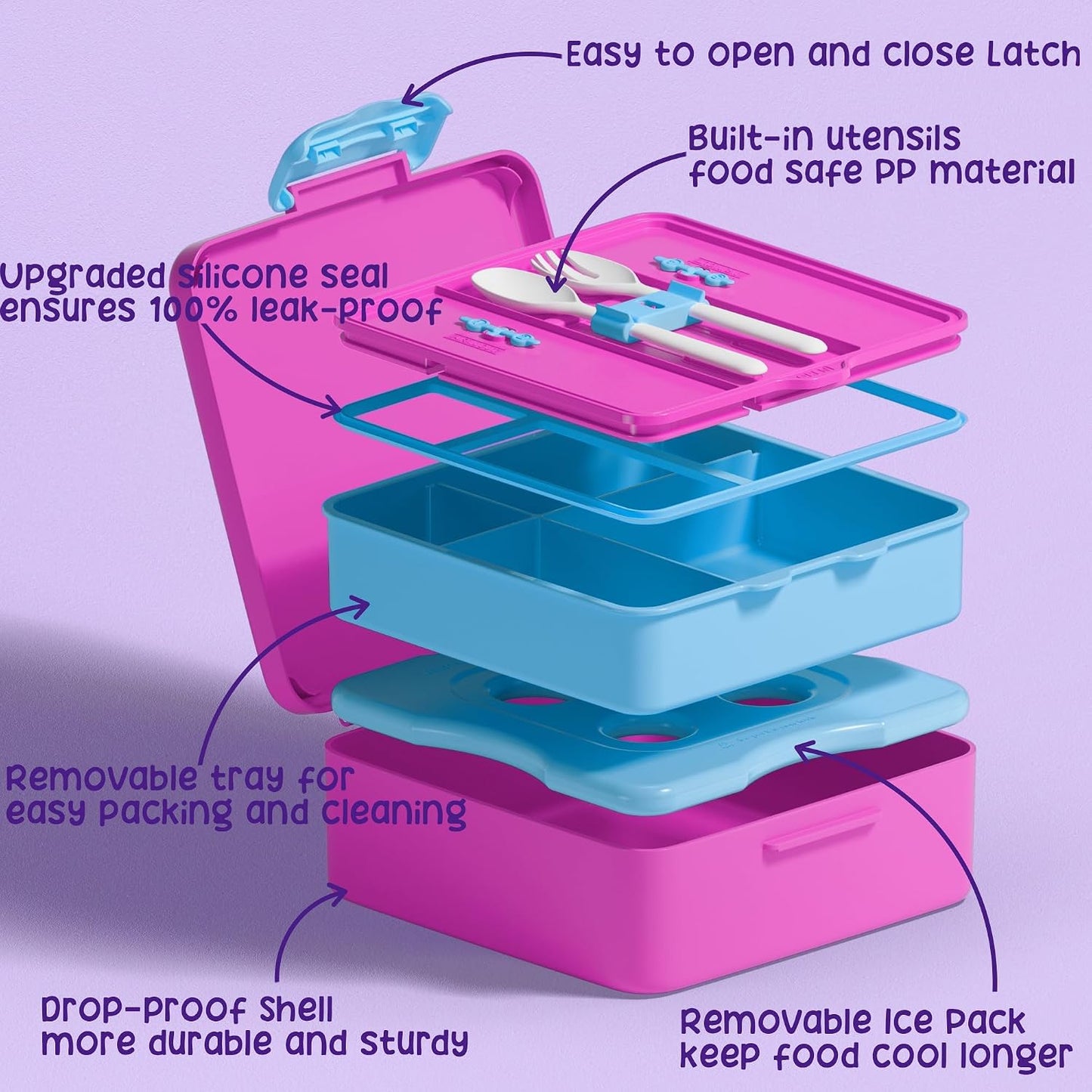Fimibuke Chill Bento Box for Kids Adult, Leak Proof Toddler Lunch Box with Ice Pack Keep Food Cold, BPA Free 4 Compartment Lunch Container with Utensils for Girl Boy School, Microwave Dishwasher Safe