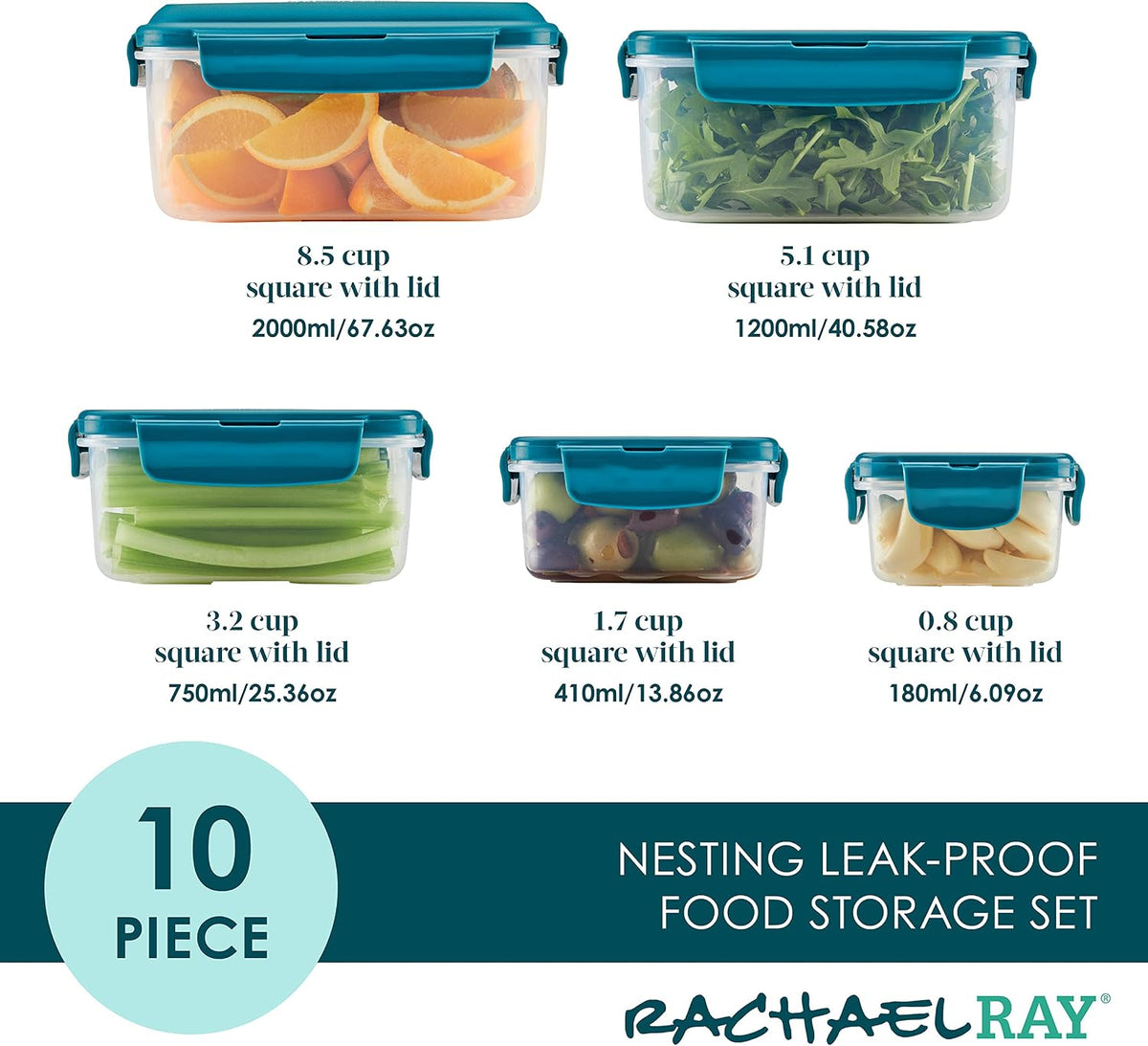 Rachael Ray Leak-Proof Nestable Container Food Storage Bin Set, 10-Piece, Clear with Teal Lids