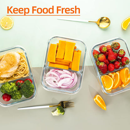5 Pack Glass Meal Prep Containers 3 Compartment with Lids, Divided Glass Storage Containers with Silicone Sleeve for Lunch, Leak-Proof Portion Control Food Containers, Dishwasher Safe, 34 oz