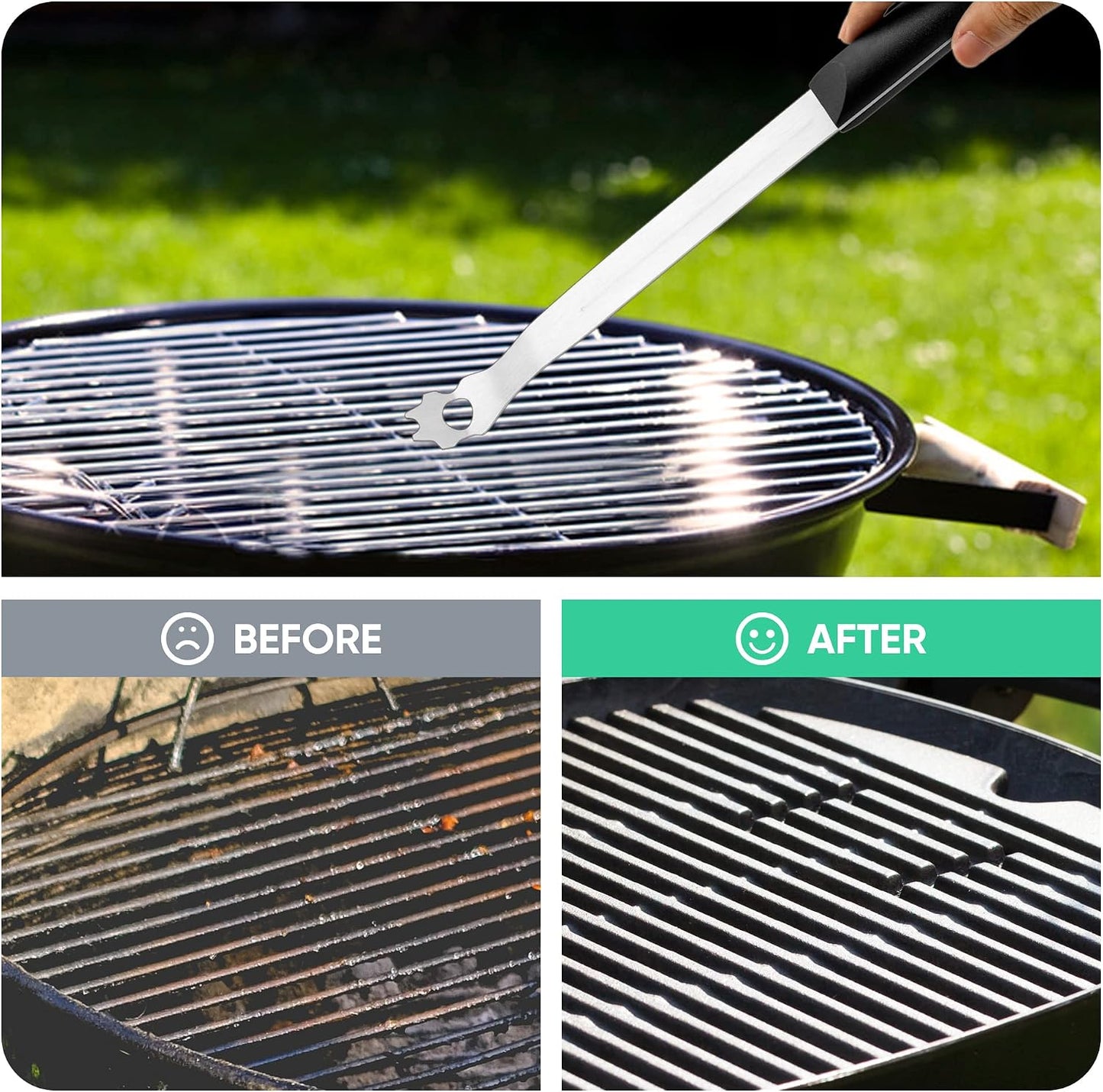 Grate Grill Scraper with Long Handle, Universal 14" Long Stainless Steel Grill Cleaner, Grill Grate Accessory, BBQ Barbecue Cleaning Gadgets, Hang Loop Included
