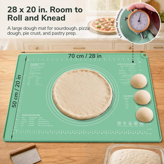 Platinum Silicone Pastry Mat with Measurements, 28 x 20 in | 5 mm raised edge, non-slip base and nonstick surface for rolling dough, sourdough, pizza dough and pie crust