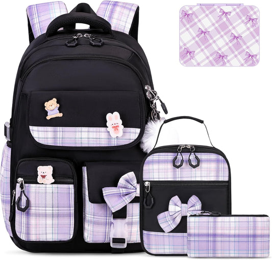 ACESAK Backpack for Girls - Bento Box with Insulated Lunch Bag Pencil Case & Utensils Set for Kids, 4 Leakproof Compartments Removable Tray Lunches or Snack Container for School (Black Purple)
