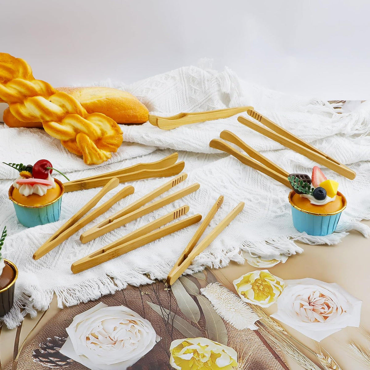 8Pcs Bamboo Toast Tongs, KUAOOAUK Wood Cooking Tongs, Reusable 7’’ Bamboo Kitchen Utensil, Toaster Tong for Fruits Bread Salad Pasta BBQ Cheese Bacon Fruits Tea Muffin