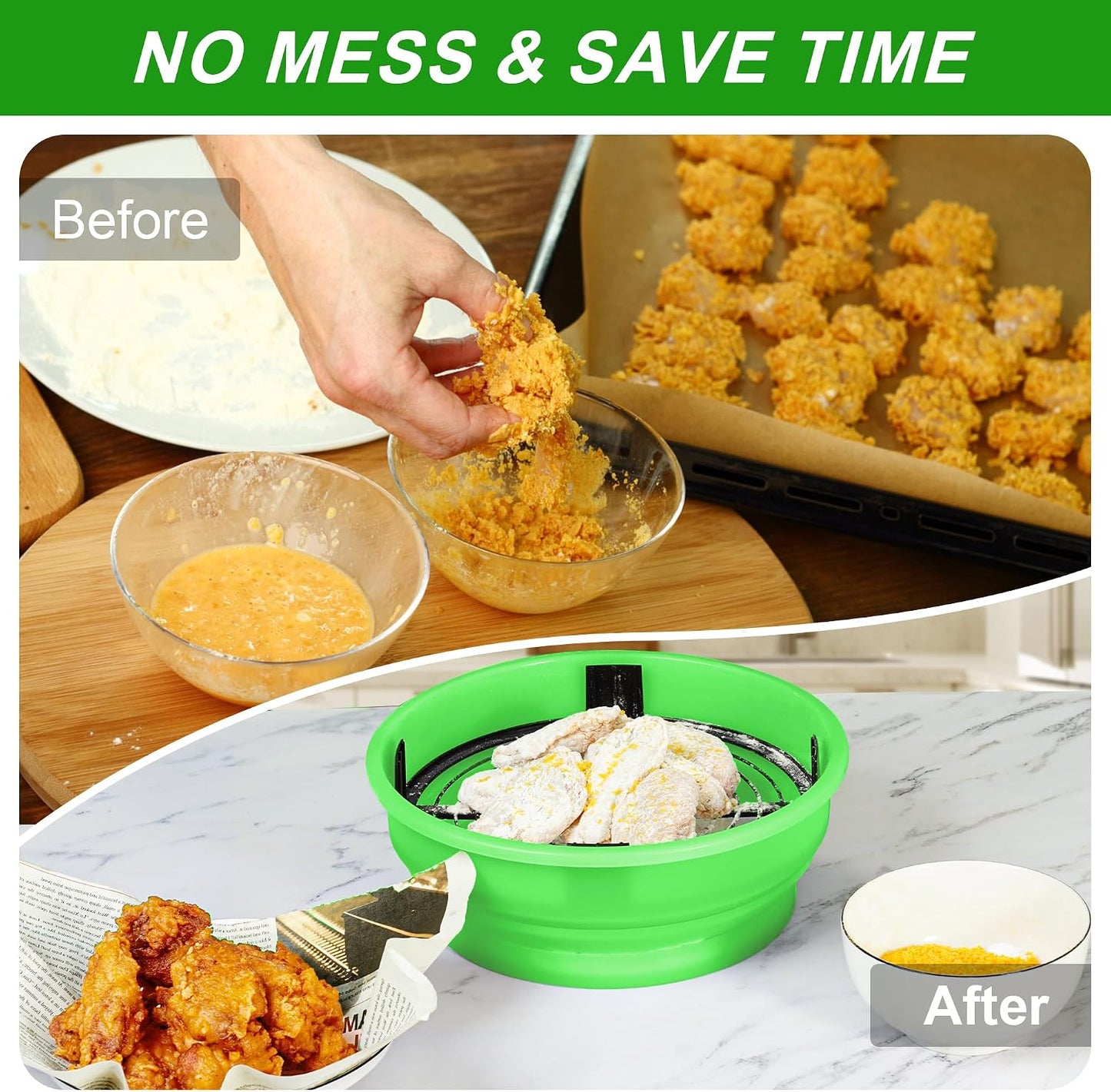 FJNATINH Collapsible Batter Bowl - Mess Free Better Breader Shaker Bowl with Lid Breading Shaker Container for Fried Fish, Fried Chicken, Onion Rings & More,No Leak,Easy to Store,Light Blue