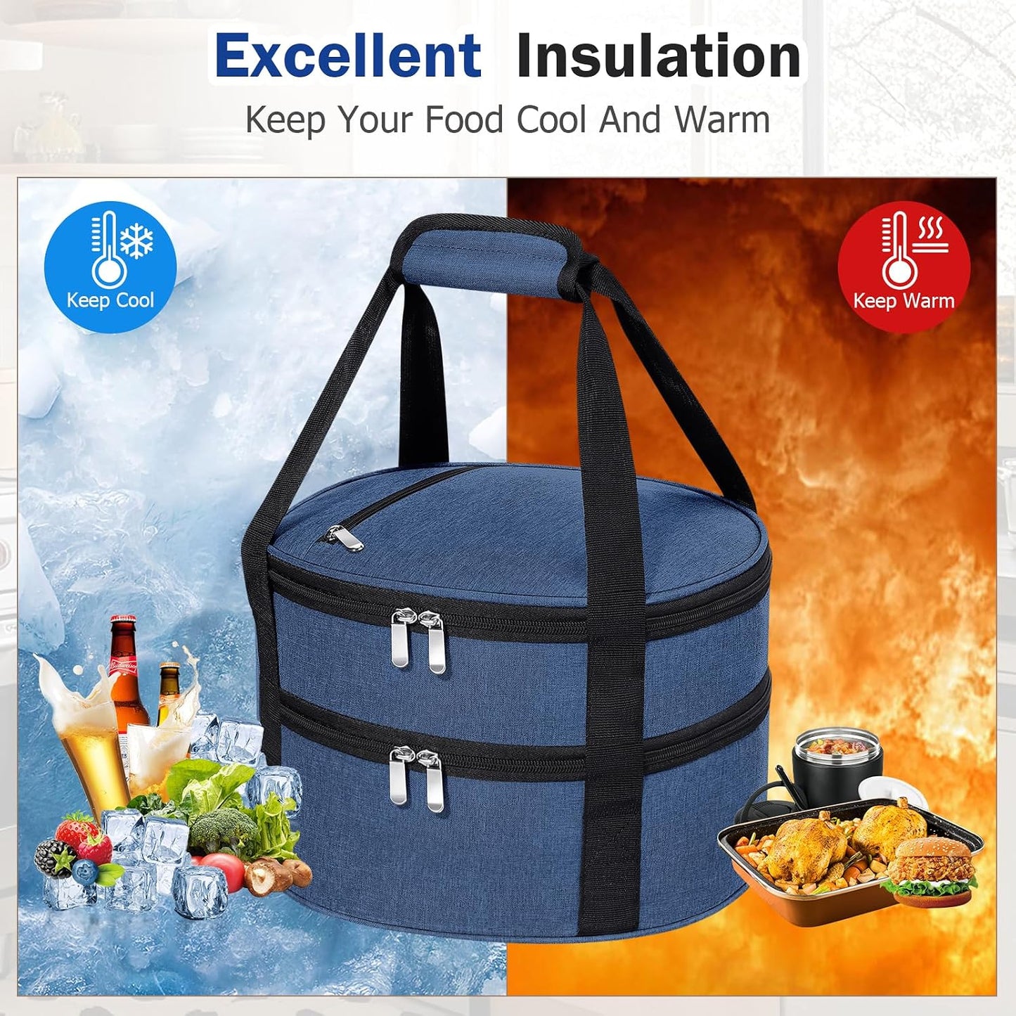 Round Insulated Casserole Carrier – 12" Portable Pie Carrier Bag for Hot or Cold Food, Leakproof Thermal Lunch Tote with Handle for Parties Picnic & Travel - Grey