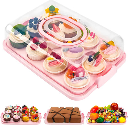 NPLUX Cupcake Containers with Lid Rectangular Cake Carrier 3-in-1 Multipurpose Cupcake Holder for Muffins Pies Sweets Pastries Fruit or Snacks (White, 13" x 9" x 4")