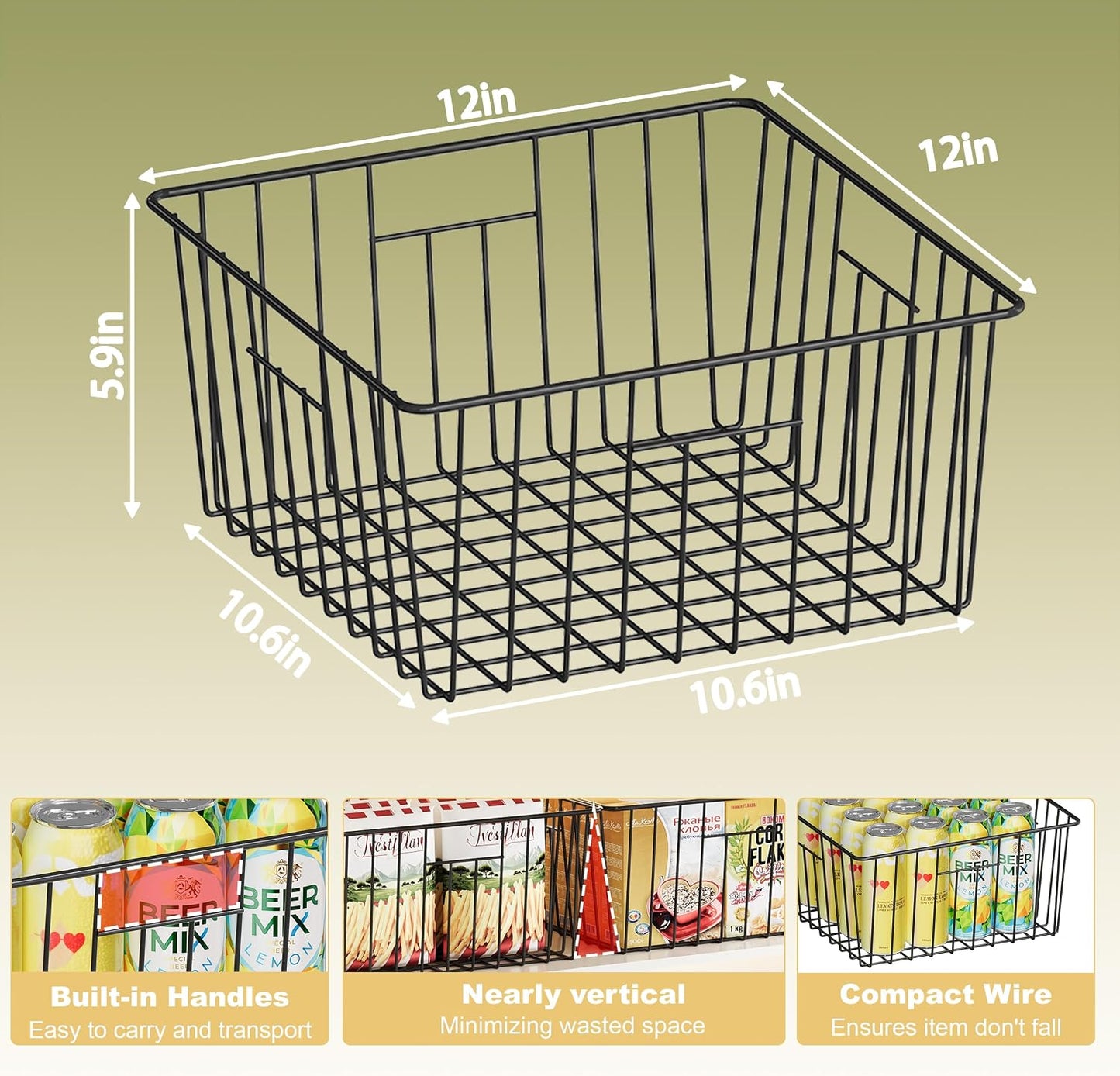 X-cosrack Metal Wire Basket Pantry Baskets Foldable Cabinet Organizers with Handles-6 Pack-12"x9"x6", Food Storage Freezer Organizer Bins for Kitchen Bathroom Laundry Closet Garage - Patent Design
