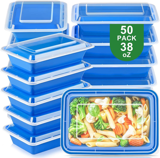 50 Pack Meal Prep Containers with Lids 38oz - BPA-Free, Reusable, Leakproof Food Storage Containers - Microwave/Dishwasher/Freezer Safe, To Go Take Out Plastic Food Storage Pans(Blue)