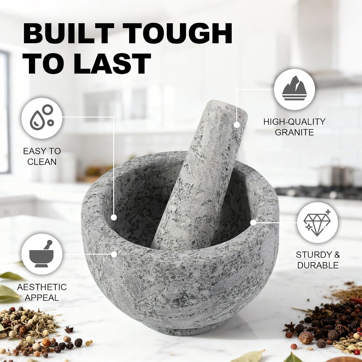 Koville Natural Marble Mortar and Pestle Set, 5" Heavy Duty Granite Grinder for Kitchen, Guacamole, Salsa, Pill Crusher, Spice, Herb, Marble Bowl for Kitchen Counter, Granite Spice Grinder Bowl