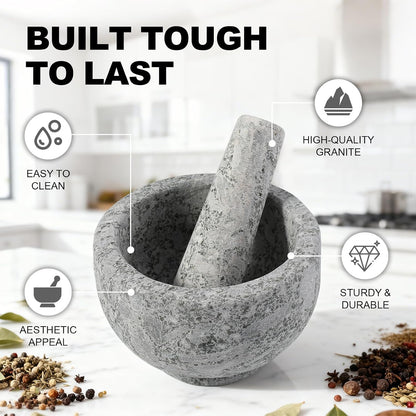 Koville Natural Marble Mortar and Pestle Set, 5" Heavy Duty Granite Grinder for Kitchen, Guacamole, Salsa, Pill Crusher, Spice, Herb, Marble Bowl for Kitchen Counter, Granite Spice Grinder Bowl