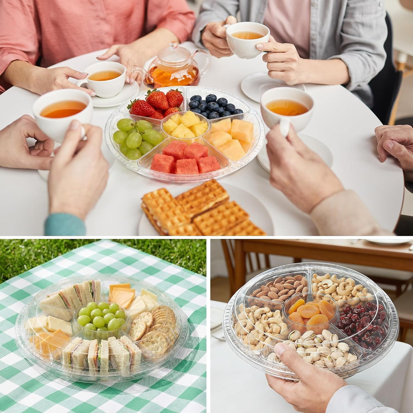 12 Pack 12 Inch Plastic Appetizer Trays with Lid 6 Compartment Clear Veggie Tray with Lid Divided Serving Tray with Lids Round Banquet Catering Fruit Vegetable Trays for Party