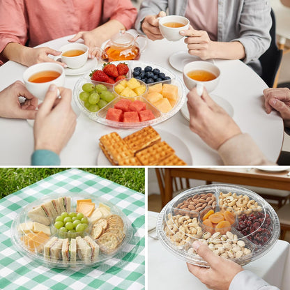 12 Pack 12 Inch Plastic Appetizer Trays with Lid 6 Compartment Clear Veggie Tray with Lid Divided Serving Tray with Lids Round Banquet Catering Fruit Vegetable Trays for Party