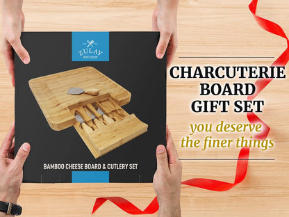 Zulay Kitchen Premium Bamboo Charcuterie Board - Extra Thick Bamboo Board with 4 Piece Knife Set - Perfect for Charcuterie, Wine and Cheese
