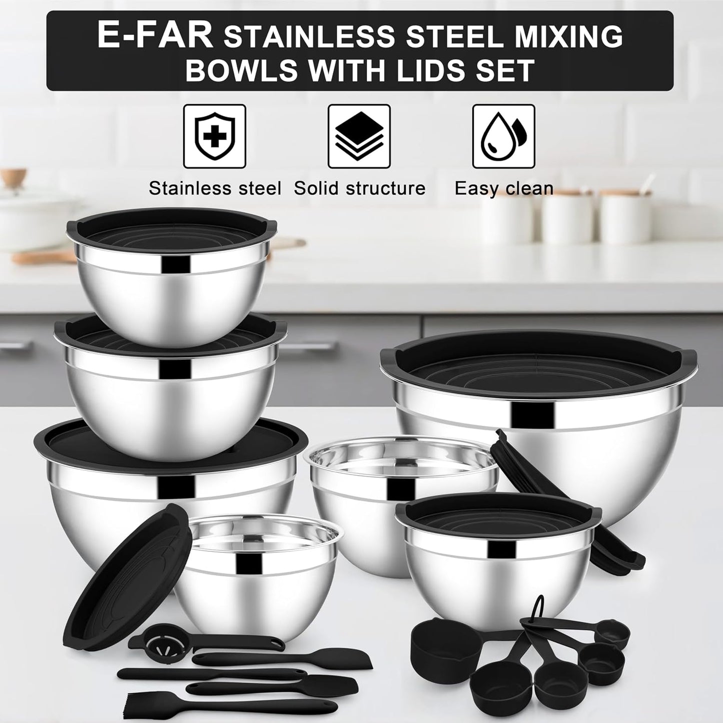 E-far Stainless Steel Mixing Bowls with Lids Set, 5-Piece Nesting Salad Bowls with 3 Grater Attachments and Non-Slip Bottoms, Size 4.6, 2.6, 2, 1.5, 1QT for Kitchen (Khaki)