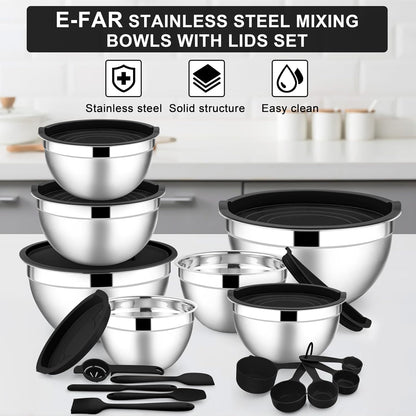 E-far Stainless Steel Mixing Bowls with Lids Set, 5-Piece Nesting Salad Bowls with 3 Grater Attachments and Non-Slip Bottoms, Size 4.6, 2.6, 2, 1.5, 1QT for Kitchen (Khaki)