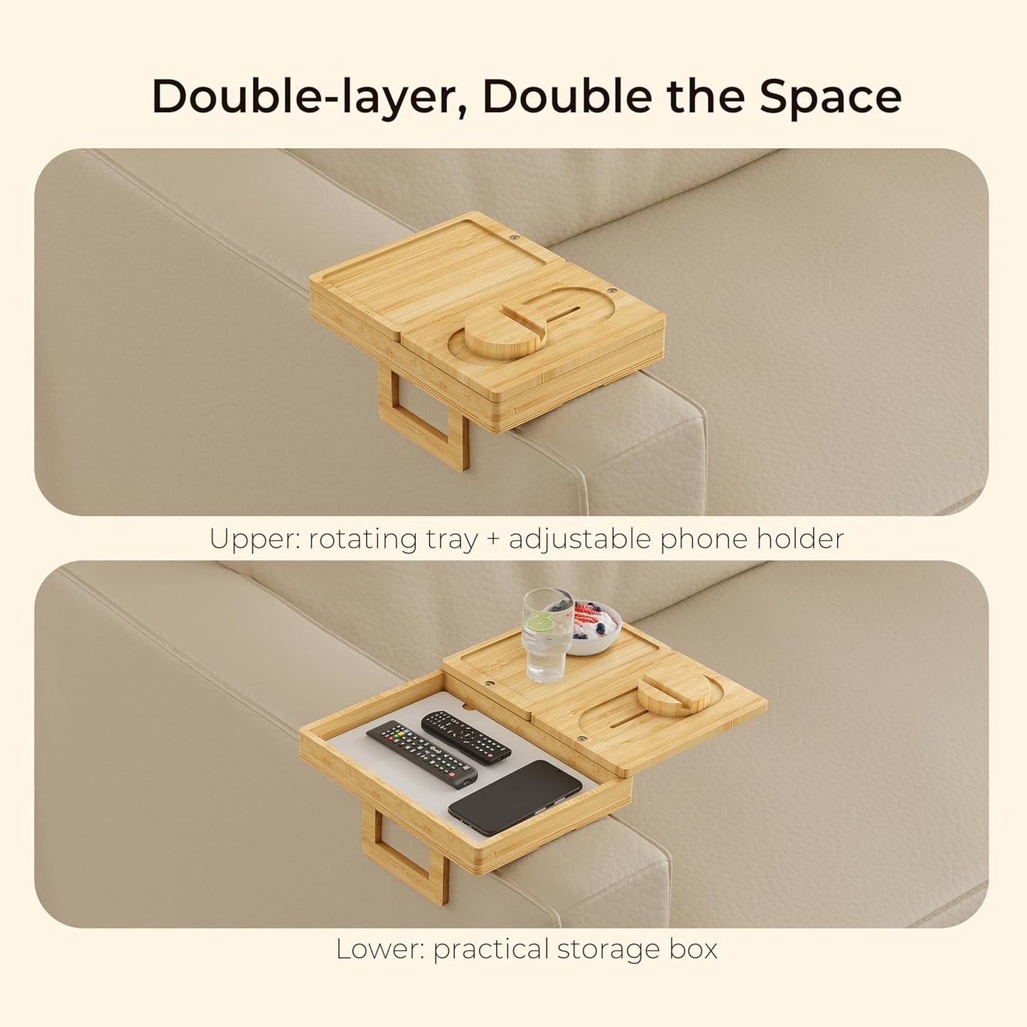 Wealone Bamboo Couch Arm Tray with 2 Rotatable Tray, Adjustable Sofa Arm Clip Table with Storage Box & 360° Phone Holder, Couch Armrest Table for Snacks, Drinks or Dining