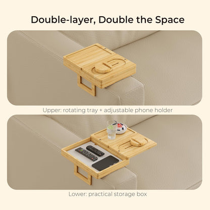 Wealone Bamboo Couch Arm Tray with 2 Rotatable Tray, Adjustable Sofa Arm Clip Table with Storage Box & 360° Phone Holder, Couch Armrest Table for Snacks, Drinks or Dining