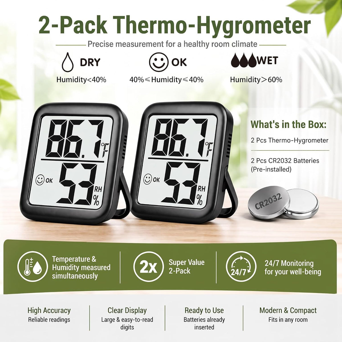 Antonki 2 Pack Room Thermometer Indoor Hygrometer