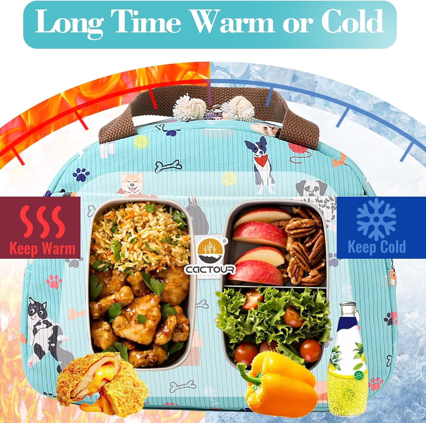 CaCTOUR Lunch Box for Women Girls Teens,Cute Lunch Box Cooler Bag, Portable Insulated Small Lunch Bag Women Reusable Corduroy Lunch Tote for Work/Travel/Picnic/School (Dog Green,Small)