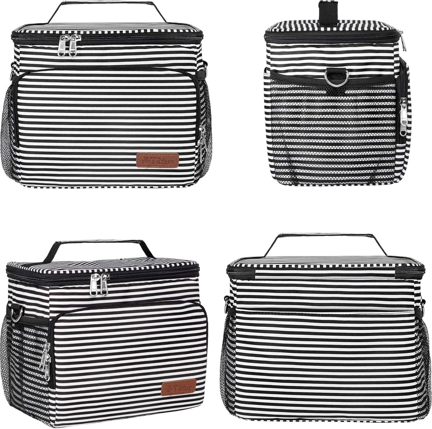 Tiblue Insulated Lunch Bag for Women/Men, Reusable Lunch Box for Office Work School Picnic,Leakproof Freezable Cooler Bag with Adjustable Shoulder Strap for Kid/Adult(Medium, Black & White Stripes)