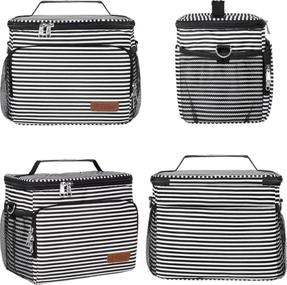 Tiblue Insulated Lunch Bag for Women/Men, Reusable Lunch Box for Office Work School Picnic,Leakproof Freezable Cooler Bag with Adjustable Shoulder Strap for Kid/Adult(Medium, Black & White Stripes)