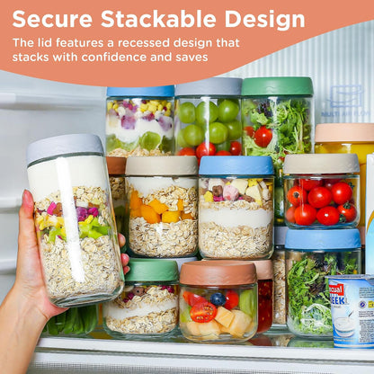DRKIO 16 Oz Overnight Oats Containers with Lids - 6 Pack Glass Storage Jars with Airtight Lids Wide Mouth Mason Food Jars Great for Meal Prep Salad Chia Pudding Snacks Yogurt Sugar Spice Cereal
