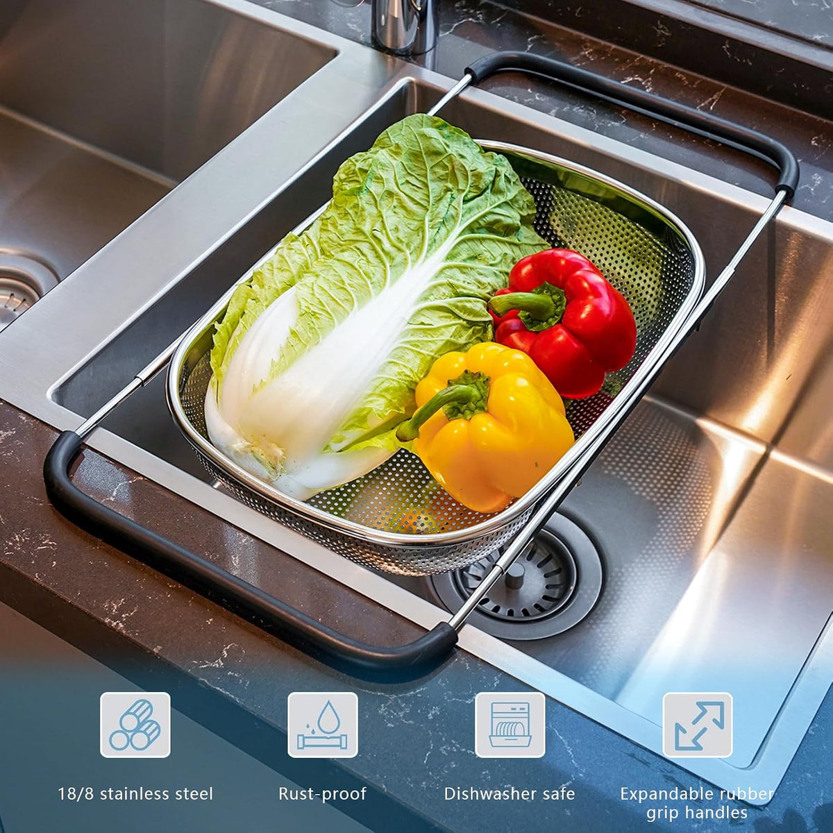 REDANT Over the Sink Metal Strainer and Colander for Kitchen - Large Food Strainers and Colanders with Rubber Grip - Sieve Fine Mesh Stainless Steel for Spaghetti, Pasta, Rice, Fruits, Vegetables
