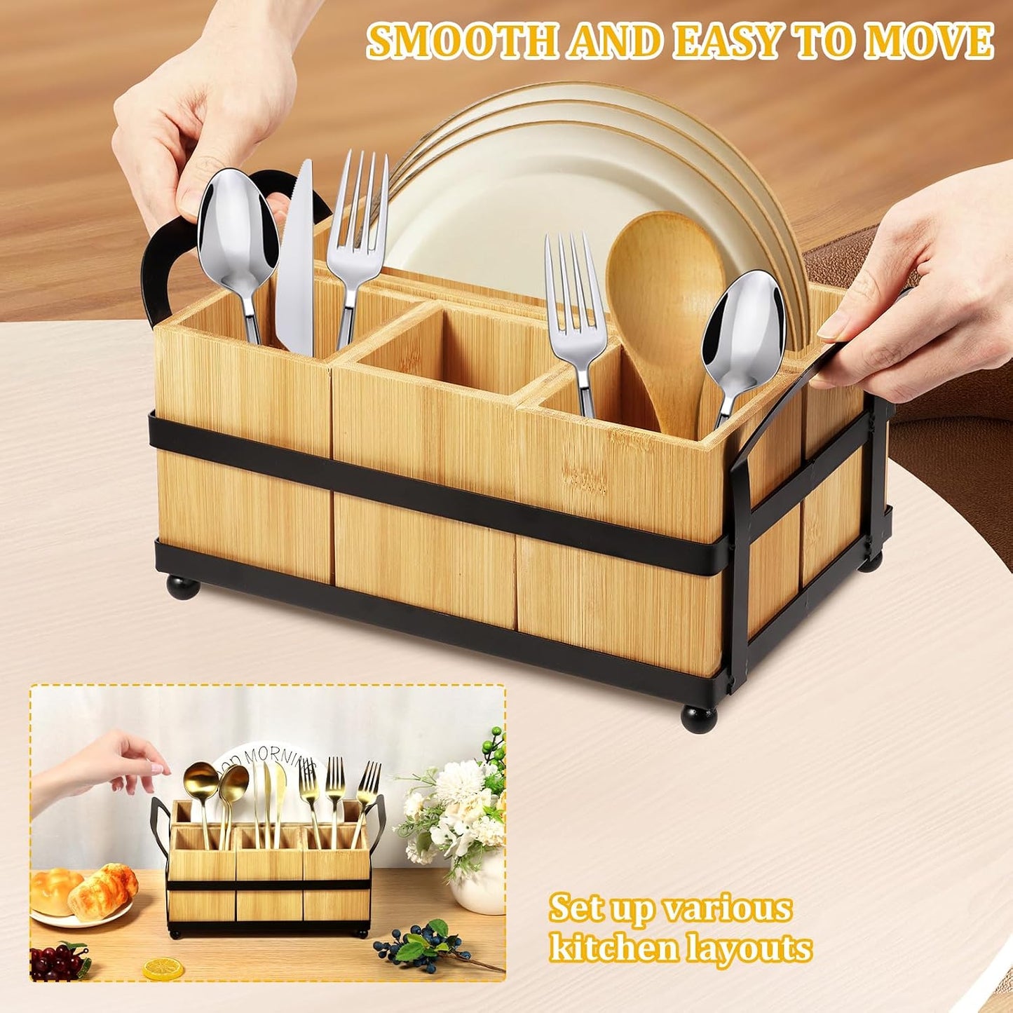 4 Compartment Silverware Caddy - Wood Silverware Holder with Double Handle, Bamboo Removable Slot Utensil Caddy, Rustic Farmhouse Flatware Holder for Paper Plates, Spoons, Forks, Napkins, Cutlery
