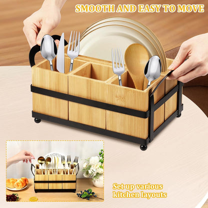 4 Compartment Silverware Caddy - Wood Silverware Holder with Double Handle, Bamboo Removable Slot Utensil Caddy, Rustic Farmhouse Flatware Holder for Paper Plates, Spoons, Forks, Napkins, Cutlery