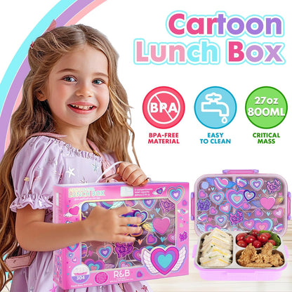 Stainless Steel Bento Lunch Box for Kids, 800ml/27oz BPA-Free Leak-Proof Food Containers with 3 Compartments, Freezer & Dishwasher Safe, Back to School Students Lunches Size for Ages 3-7