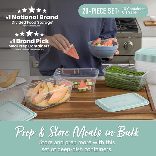 Bentgo Prep - 20-Piece Deep-Dish Storage Containers, Extra-Large 8-Cup Capacity for Meal Prep & Leftovers, Reusable, PFAS & BPA-Free, Durable, Microwave, Freezer, & Dishwasher Safe (Aqua Splash)