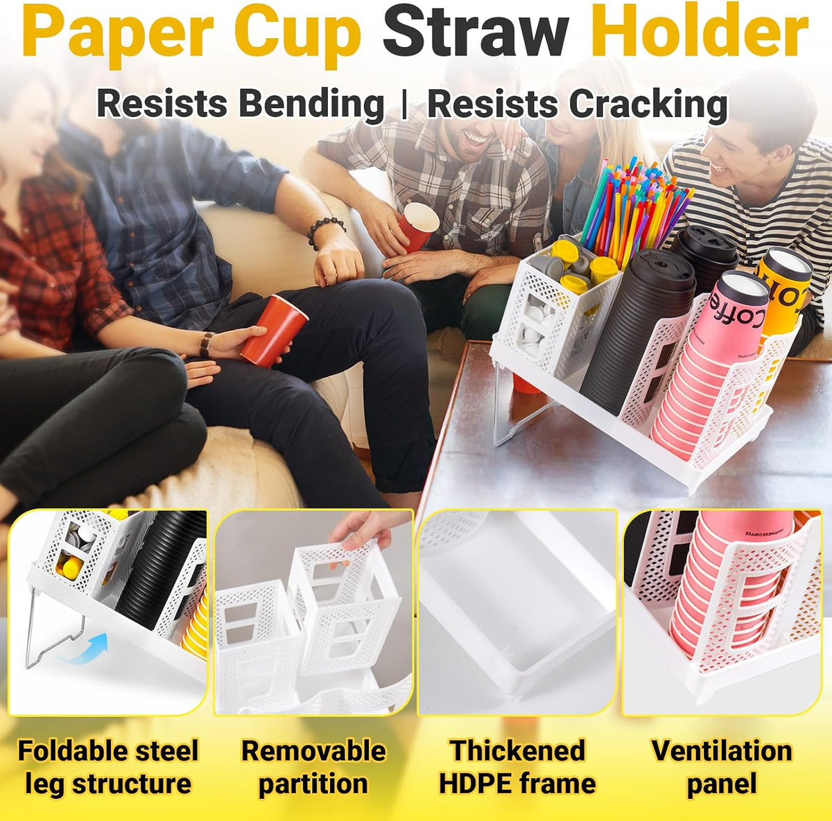 Cup and Lid Holder, Disposable Paper Cup Dispenser with Coffee Pod Straw Storage Basket, Countertop Coffee Cup Holder for Coffee Stations, Bars, Break Rooms, Living Rooms, Parties (Black)